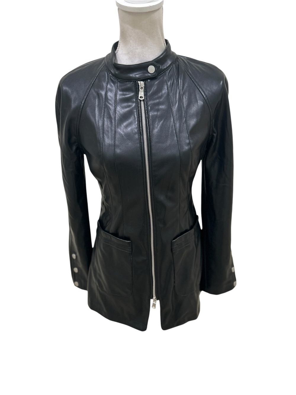 Avec Les Filles Black faux Leather Zip-Up Jacket animal print lining size small